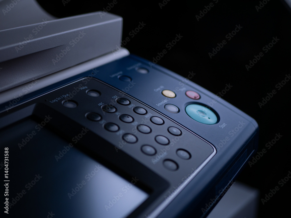 Close up start button on panel to using the Office professional multi-function printer scanner for scanning document printing. a Copy machines Close up start button on panel to using the Office professional multi-function printer scanner for scanning document printing. a Copy machines
