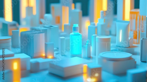 Futuristic city skyline of beauty products; a blue bottle stands out.