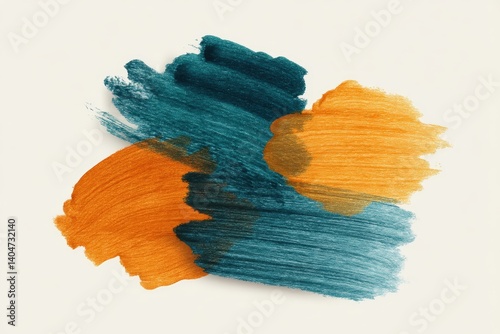 A mesmerizing fusion of teal and orange hues dances on a pristine canvas, capturing the raw energy of a dynamic artwork in a minimalist and clean aesthetic.