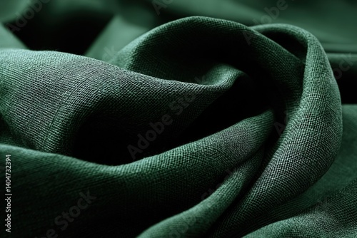 A close-up of a draped fabric reveals rich textures and fluid folds, creating a luxurious composition, bathed in varying tones of deep emerald.