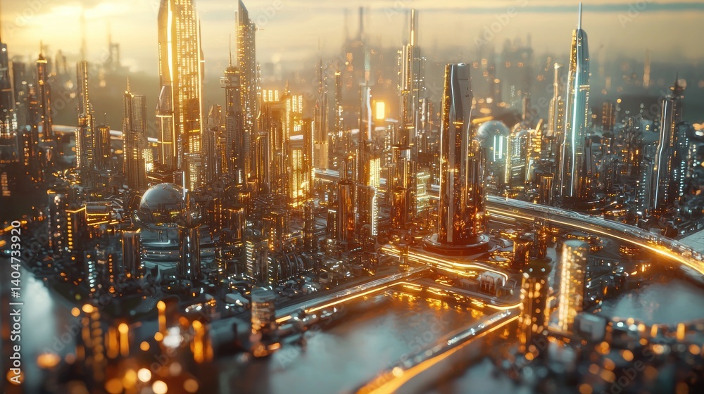Fototapeta premium Futuristic Cityscape at Sunset: A Vision of Tomorrow's Metropolis
