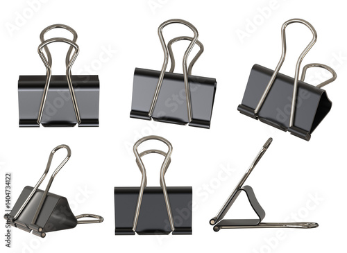 Binder clip for paper or Realistic metallic black paper clip. Office supplies or page clamp. Set of closed metal paper clips isolated on transparency background.