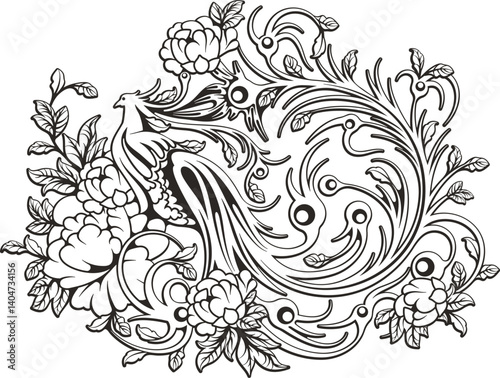 Vector Chinese ornamental peacock gorgeous design with flowers, leaves and swirls. Exquisite decorative luxury design, typical for Asian cultural tradition. Vinyl-ready, black and white.