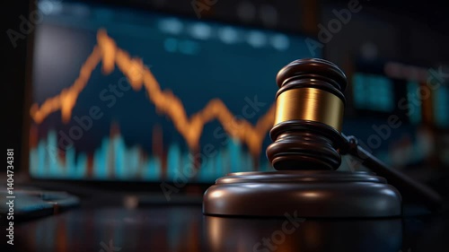 Gavel rests before a monitor showing a financial graph, illustrating market regulations and legal trading