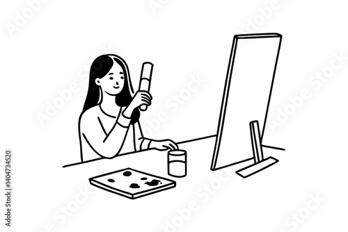 Picture of serious concentrated young Caucasian female artist sitting at desk with painting accessories, holding tube of oil paint, mixing colors on palette; unfinished painting on canvas near her