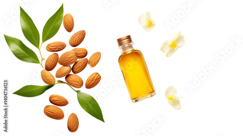 Almond oil bottle with almonds and flowers on black background