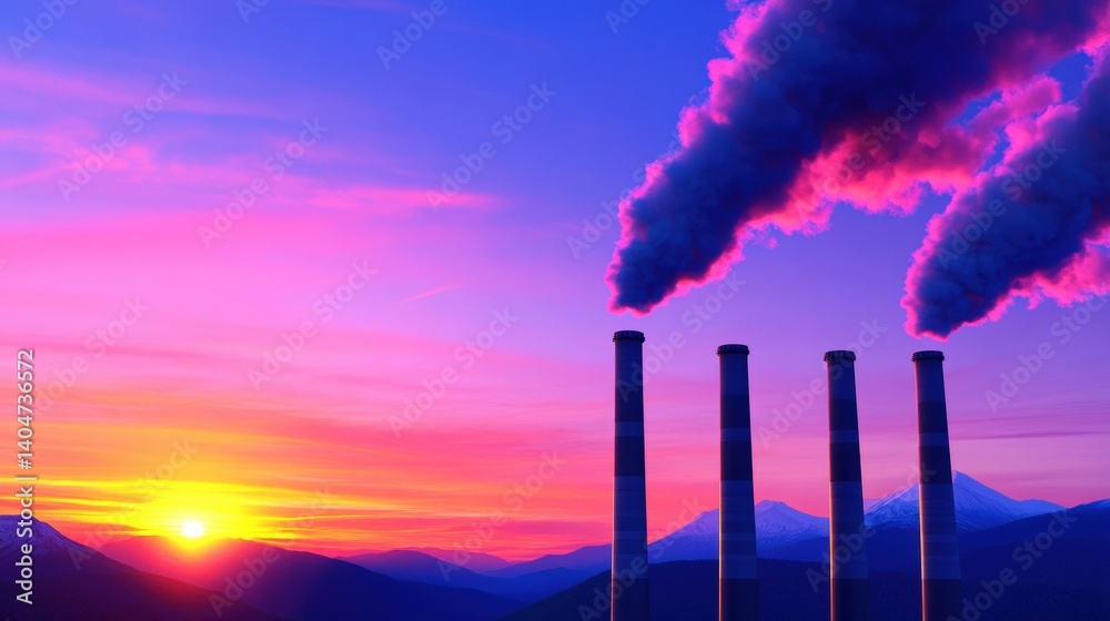 Industrial smokestacks release smoke into a colorful sky at sunrise. The surrounding mountains provide a dramatic backdrop, enhancing the beauty of the early morning