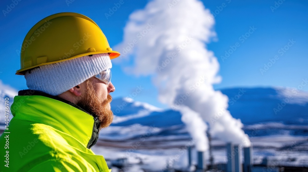 A worker in a yellow helmet and reflective jacket stands in the foreground, looking towards a geothermal power plant that emits steam. Snow blankets the terrain