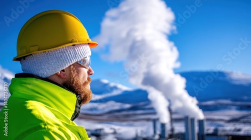 Obraz na płótnie A worker in a yellow helmet and reflective jacket stands in the foreground, looking towards a geothermal power plant that emits steam. Snow blankets the terrain w salonie