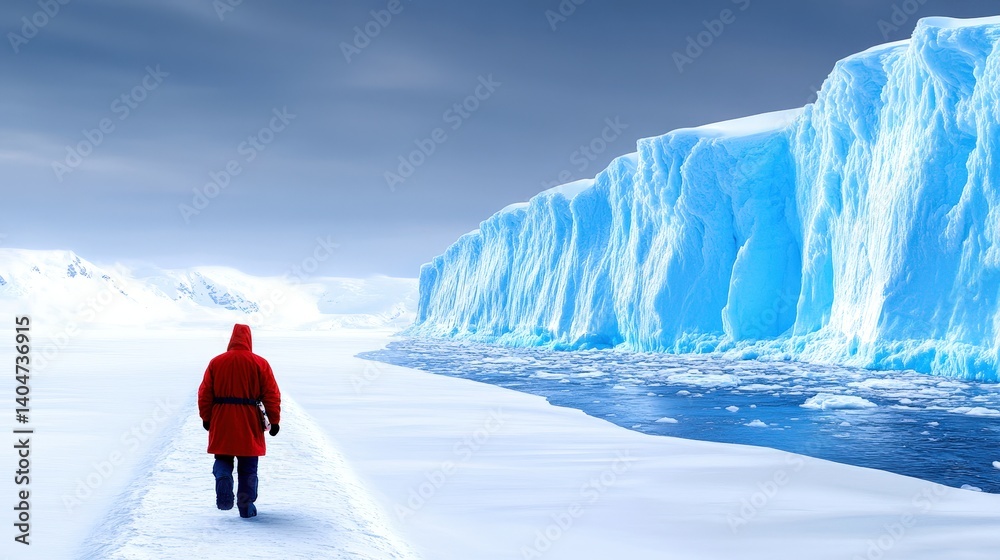 A person dressed in a vibrant red jacket walks along a snowy path, closely observing a towering blue glacier next to a narrow icy river under a cloudy sky in the Arctic