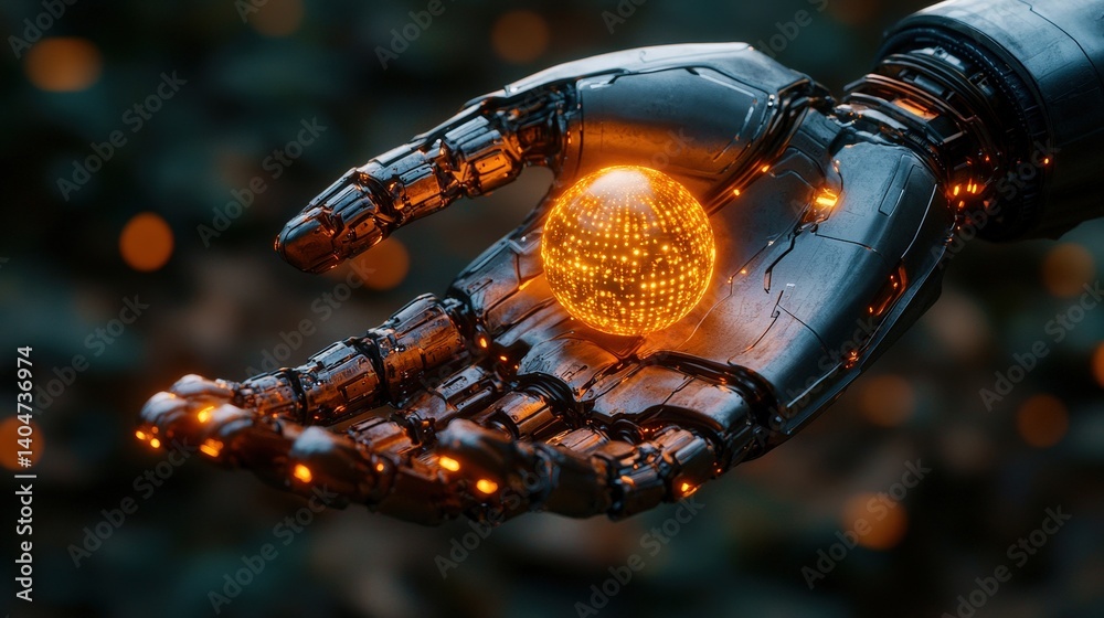 A sleek robotic hand extends outward, cradling a bright, glowing orb. The backdrop features lush greenery, creating a contrast between technology and nature during twilight