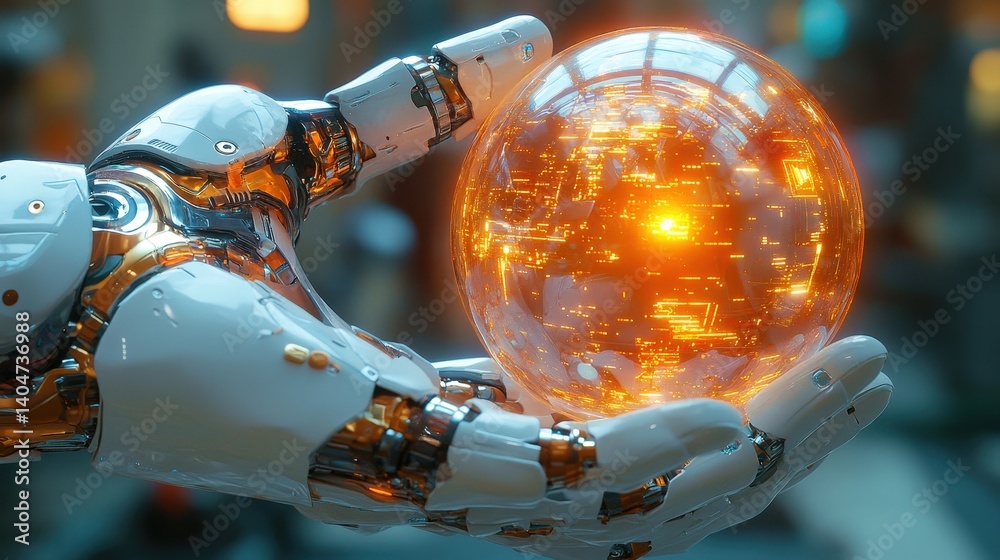 A robotic hand gently holds a glowing orange orb filled with intricate patterns, set against a blurred background of a futuristic setting. The design highlights advanced technology and innovation