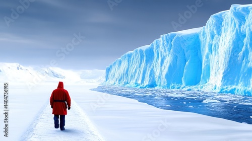 Obraz na płótnie A person dressed in a vibrant red jacket walks along a snowy path, closely observing a towering blue glacier next to a narrow icy river under a cloudy sky in the Arctic w salonie