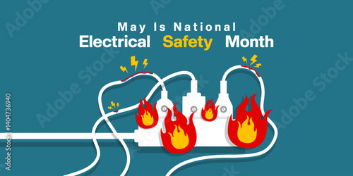 May is National Electrical Month. Cable, flame and more. Great for posters, banners, social media and more. Blue background.