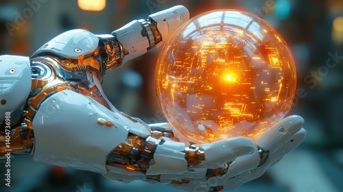 Obraz na płótnie A robotic hand gently holds a glowing orange orb filled with intricate patterns, set against a blurred background of a futuristic setting. The design highlights advanced technology and innovation w salonie