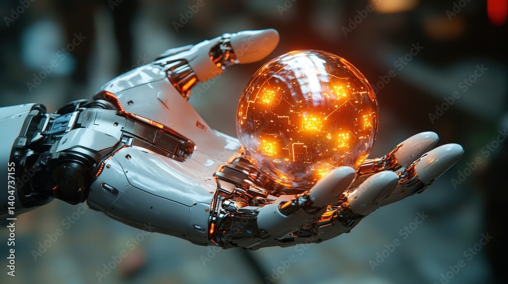 A metallic robotic hand gently cradles a luminous, spherical object filled with intricate patterns of light. The setting reflects advanced technology, emphasizing a blend of art and engineering