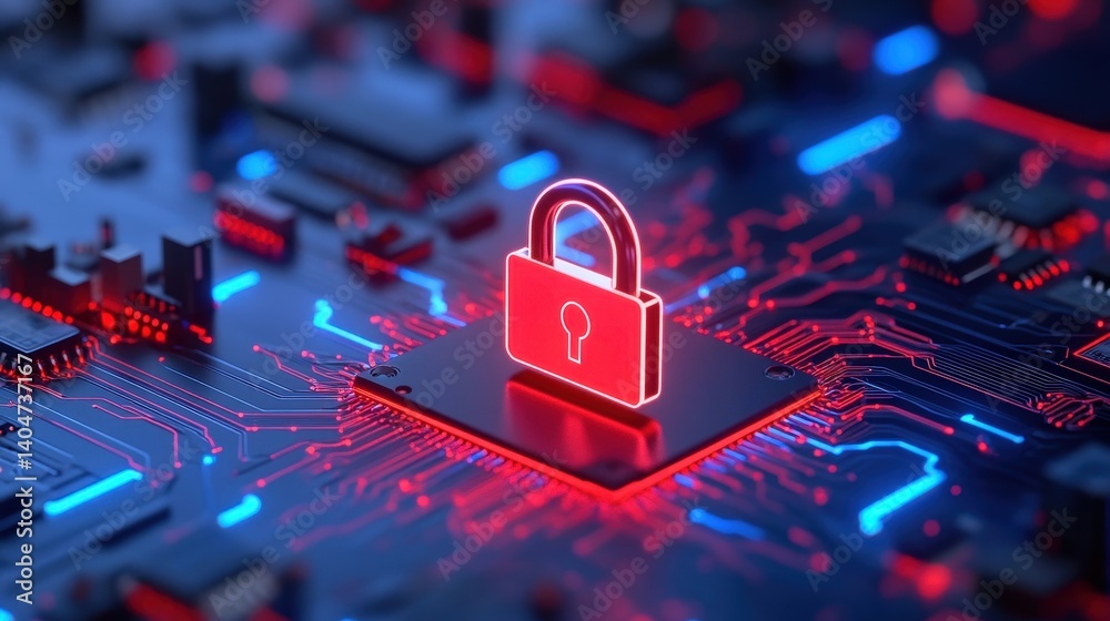 Glowing lock icon centers on a dark circuit board background, representing modern cybersecurity technology and digital protection solutions in a technological setting