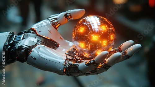 Obraz na płótnie A metallic robotic hand gently cradles a luminous, spherical object filled with intricate patterns of light. The setting reflects advanced technology, emphasizing a blend of art and engineering w salonie