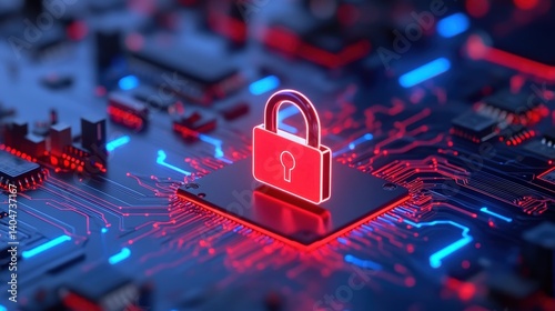 Obraz na płótnie Glowing lock icon centers on a dark circuit board background, representing modern cybersecurity technology and digital protection solutions in a technological setting w salonie