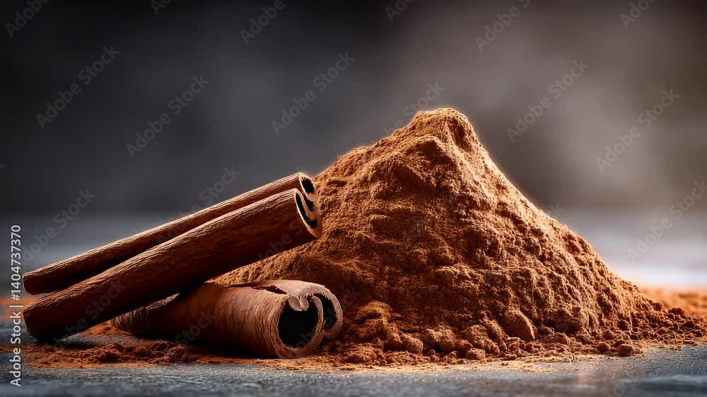 Ground spice next to sticks. The cinnamon forms a small peak, sitting on a smooth surface, dark colors surrounding
