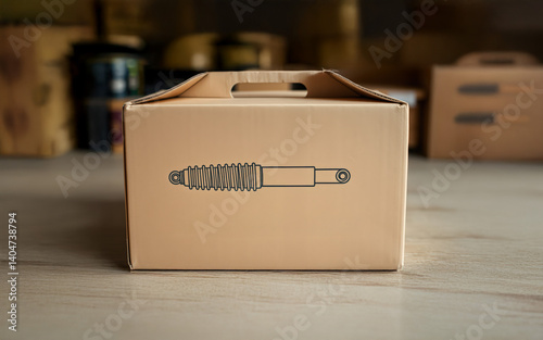 Auto Part Delivery A Shock Absorber arrives safely packaged in a sturdy cardboard box, ready for installation. photo
