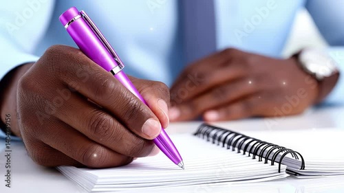 Close-up of a juror taking notes during deliberation in a courtroom setting during a legal trial session