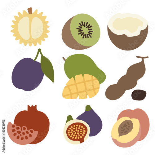 A delightful and vibrant vector illustration showcasing nine diverse and appealing fruits. Each fruit is rendered in a simple, flat, and slightly cartoonish style with clean outlines.