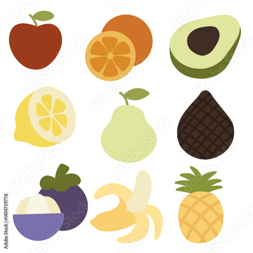 A vibrant and cheerful vector illustration featuring nine distinct and popular fruits. Each fruit is depicted in a simple, flat, and slightly stylized manner with clean outlines and bright, appealing.