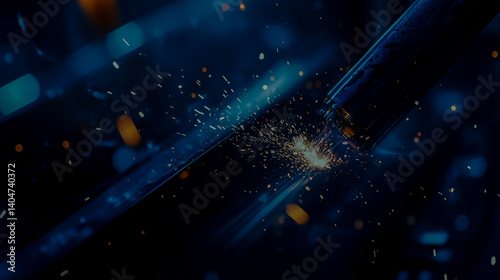 Laser cutting metal with sparks flying, precision in action
