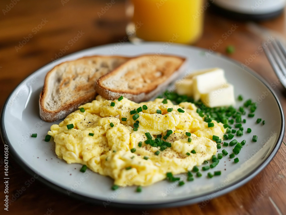 A plate of scrambled eggs garnished with chives, served with toast and orange juice, creating a warm breakfast scene. A plate of scrambled eggs garnished with chives, served with toast and orange juice, creating a warm breakfast scene.