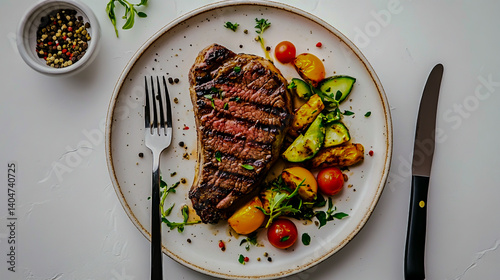Delicious dinner plate with fork and knife on a white background