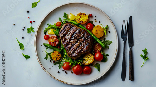 Delicious dinner plate with fork and knife on a white background
