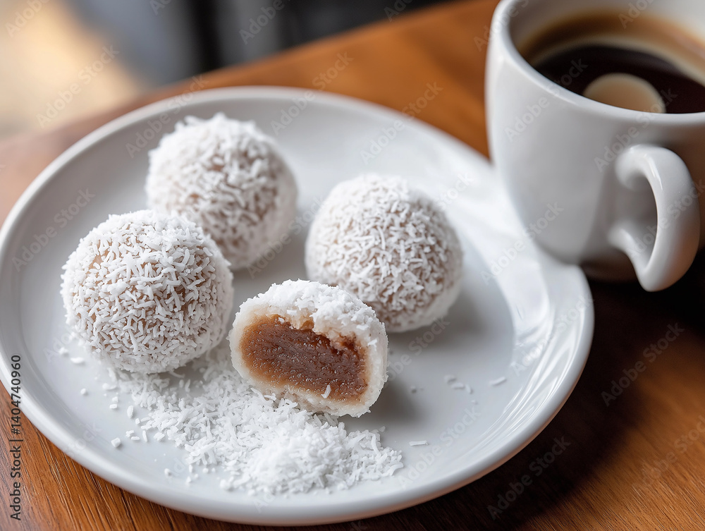 coconut balls and a cup of coffee arranged on a white plate, with a simple background, creating a warm atmosphere. coconut balls and a cup of coffee arranged on a white plate, with a simple background, creating a warm atmosphere.