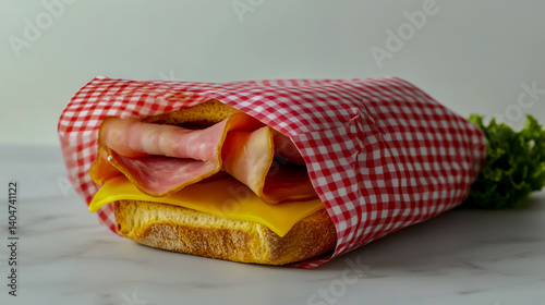 Ham and cheese sandwich wrapped in gingham paper on white background