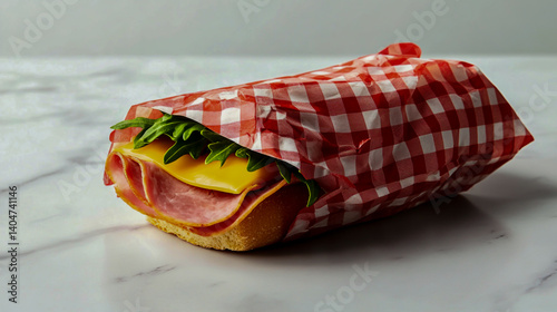 Ham and cheese sandwich wrapped in gingham paper on white background