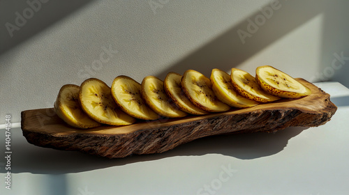 Sliced happy imperfect bananas on a wooden board, against white