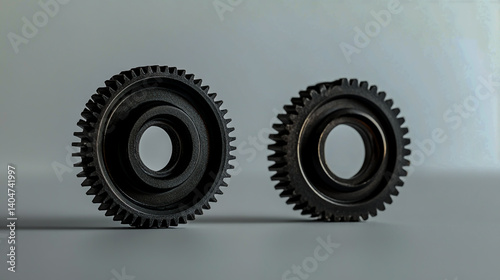 Two mechanical gears front and back view on white with dark tones
