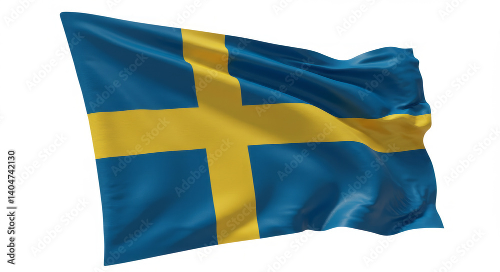 Waving Swedish flag in the wind detailed 3D render against white background, a symbol of Sweden and its national pride, celebrating its cultural heritage and identity Waving Swedish flag in the wind detailed 3D render against white background, a symbol of Sweden and its national pride, celebrating its cultural heritage and identity