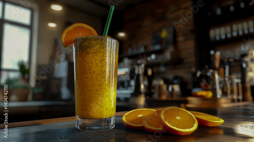 Refreshing orange smoothie with poppy seeds in tall glass on counter