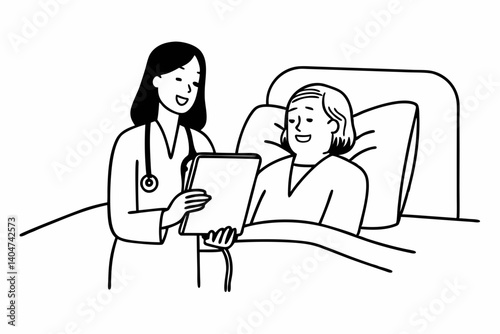 Happy female doctor and senior patient look at tablet screen discuss treatment or therapy on gadget. Smiling woman nurse and mature client use pad device discussing results in modern hospital