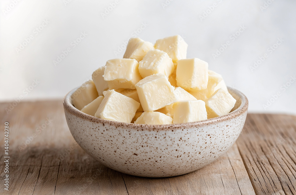 A bowl of cubed cheese placed on a wooden table, with a simple and bright background. A bowl of cubed cheese placed on a wooden table, with a simple and bright background.