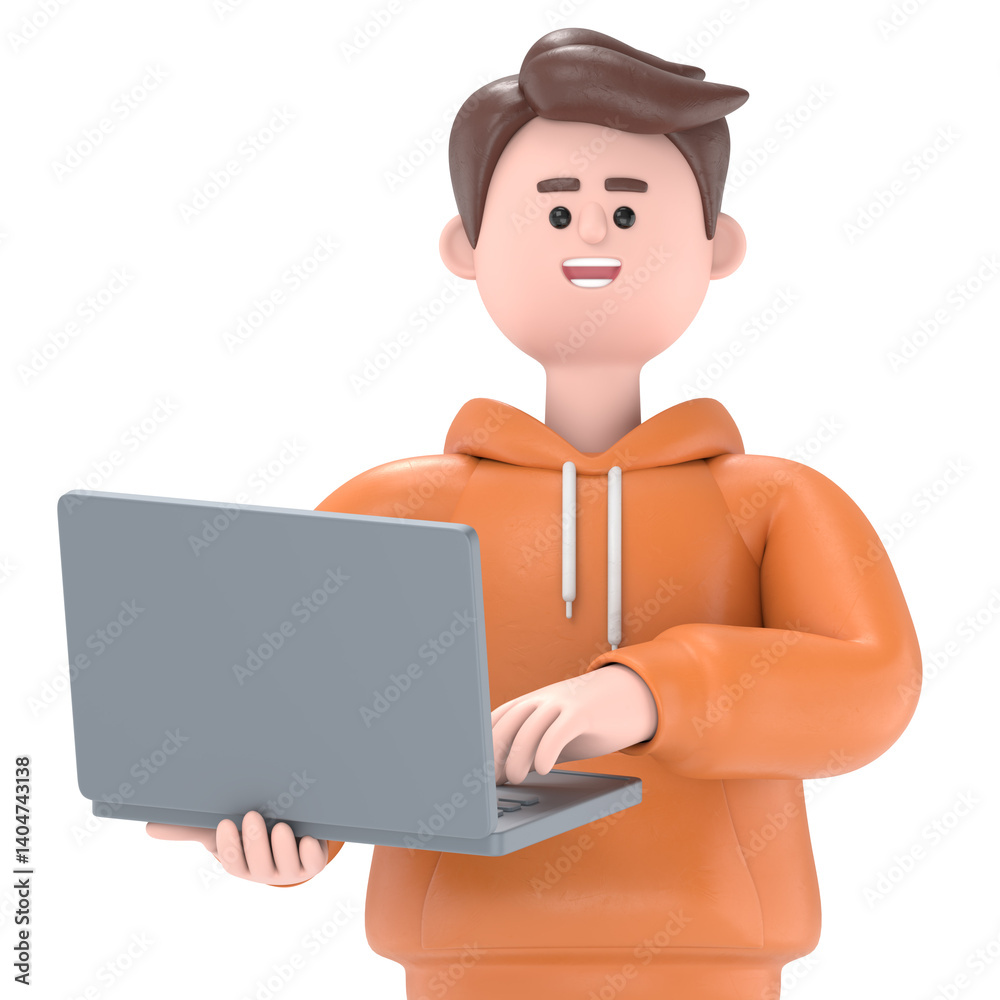 3D illustration of standing happy man Qadir holding laptop. Portraits of cartoon characters using computer.Supports PNG files with transparent backgrounds. 3D illustration of standing happy man Qadir holding laptop. Portraits of cartoon characters using computer.Supports PNG files with transparent backgrounds.