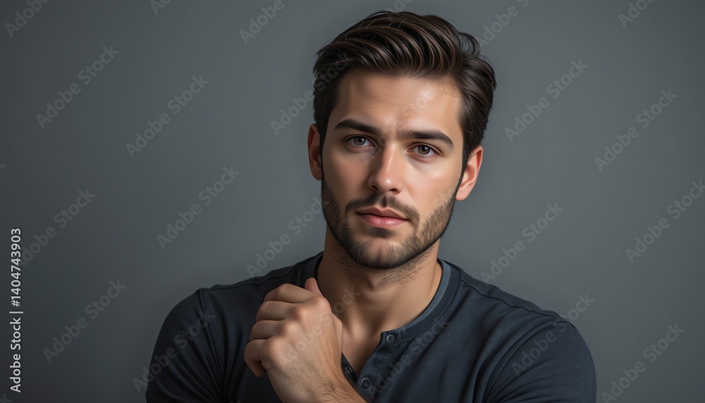 Obraz premium Man's Portrait: Dark Hair, Intense Gaze, Modern Style