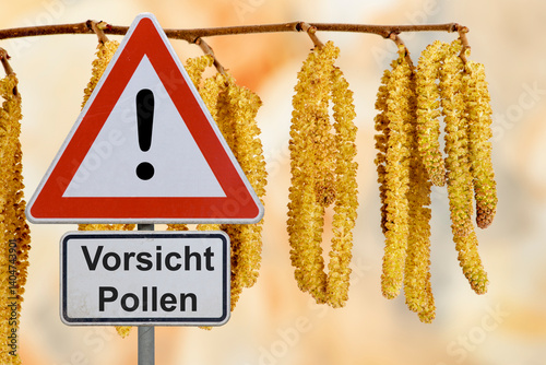 Ein Schild mit der Aufschrift Vorsicht Pollen warnt vor Pollenallergie und steht vor einem Baum mit Birkenpollen - FOTOMONTAGE