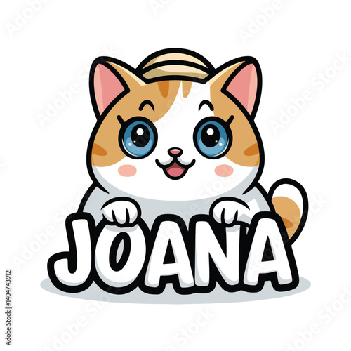 Adorable Joana Cat Mascot Logo – Featuring a Chubby, Happy Kitty with Big Blue Eyes, Perfect for Children's Brands, Pet Products, or Personalized Gifts

