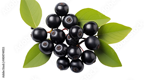 A cluster of black elderberries with bright green leaves