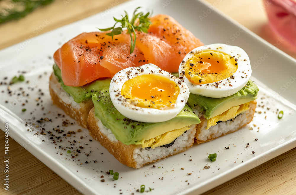 Sushi rolls with salmon, avocado, and boiled egg, sprinkled with sesame seeds and herbs, served on a white plate. Sushi rolls with salmon, avocado, and boiled egg, sprinkled with sesame seeds and herbs, served on a white plate.