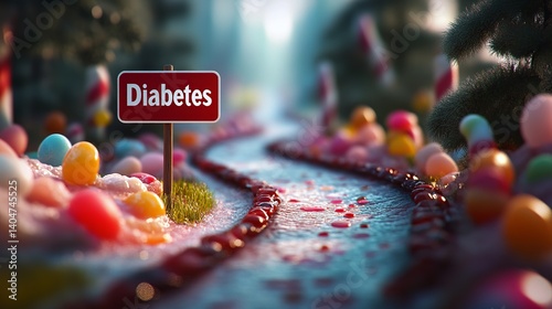 A whimsical landscape depicting a river of candy leading to a sign that reads 'Diabetes,' blending fantasy with a health message.