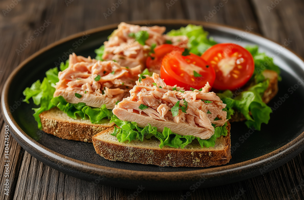 Three sandwiches with tuna, tomatoes, and lettuce, placed on a black plate with a dark wooden background. Three sandwiches with tuna, tomatoes, and lettuce, placed on a black plate with a dark wooden background.