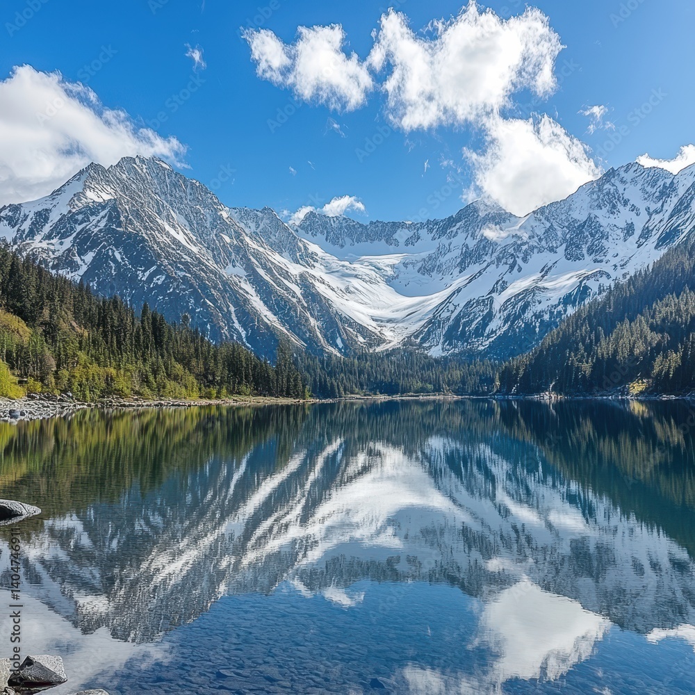 Naklejka premium Majestic alpine lake reflects snowy peaks